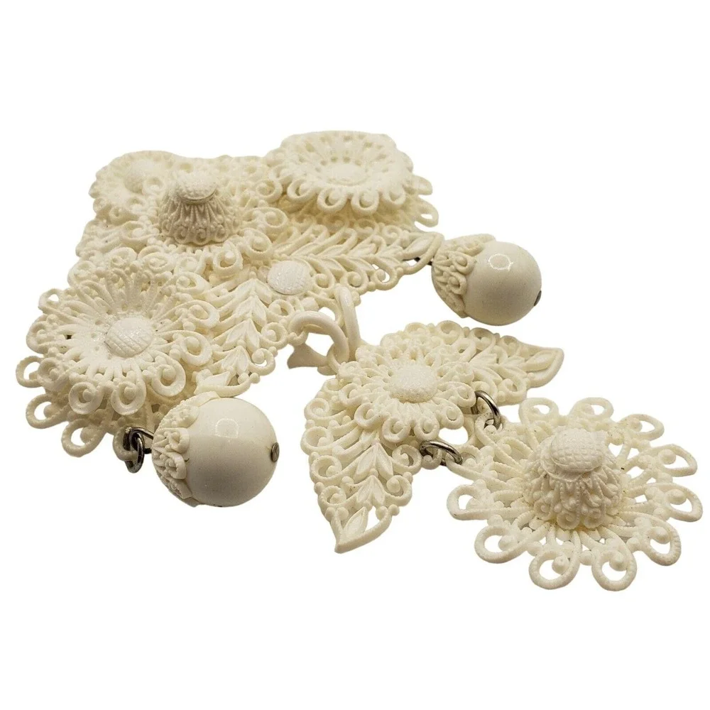 Antique Victorian Celluloid‎ Dangle Brooch Filigree White Ball Drop Pin Acrylic
